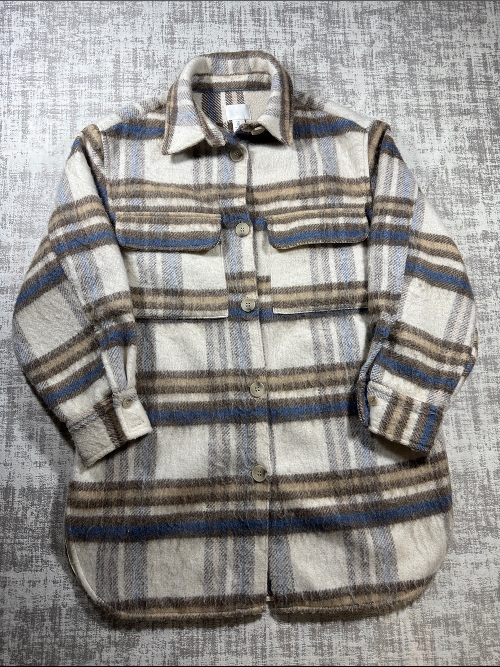 H&M Men's Plaid Utility Jacket in Cream, Brown & Blue